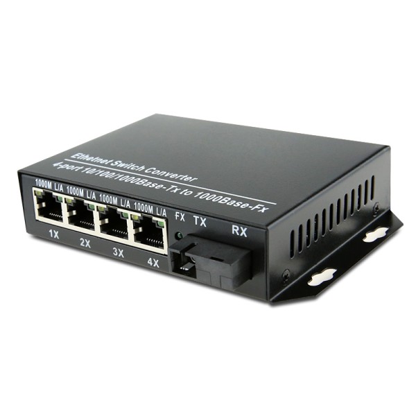 Single Fiber Gigabit Ethernet WDM / BiDi Fiber Media Converter, 1-port Fiber & 4-port RJ45, Tx:1310nm/Rx:1550nm, Singlemode, 20km