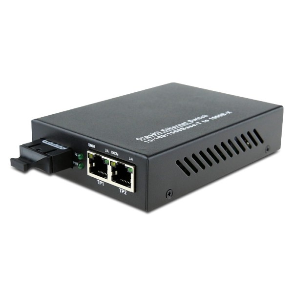 Dual Fiber 10/100/1000Base-TX to 1000Base-SX Gigabit Ethernet Standalone Fiber Media Converter, 1-port Fiber & 2-port RJ45, 850nm Multimode, 550m