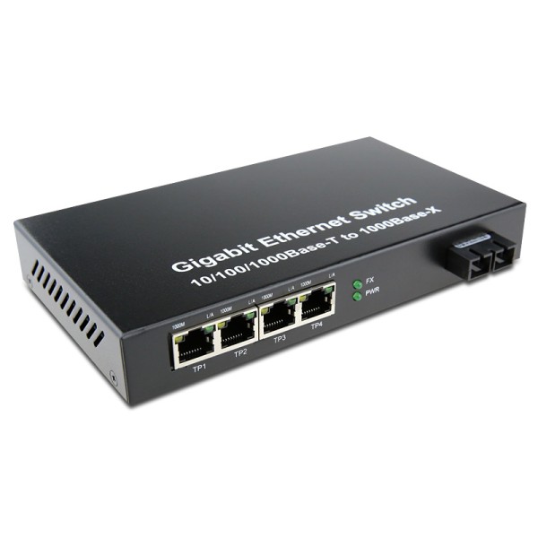 Dual Fiber 10/100/1000Base-TX to 1000Base-SX Gigabit Ethernet Standalone Fiber Media Converter, 1-port Fiber & 4-port RJ45, 850nm Multimode, 550m