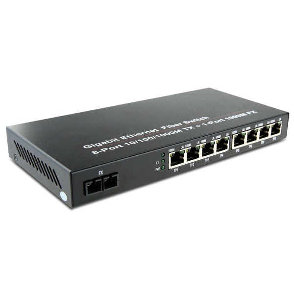 Dual Fiber 10/100/1000Base-TX to 1000Base-SX Gigabit Ethernet Standalone Fiber Media Converter, 1-port Fiber & 8-port RJ45, 850nm Multimode, 550m